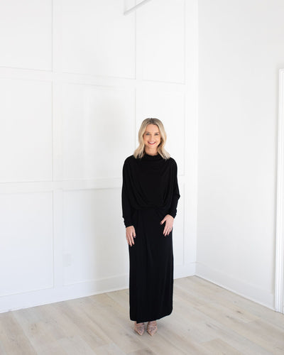 Black Long Sleeve Drape Dress