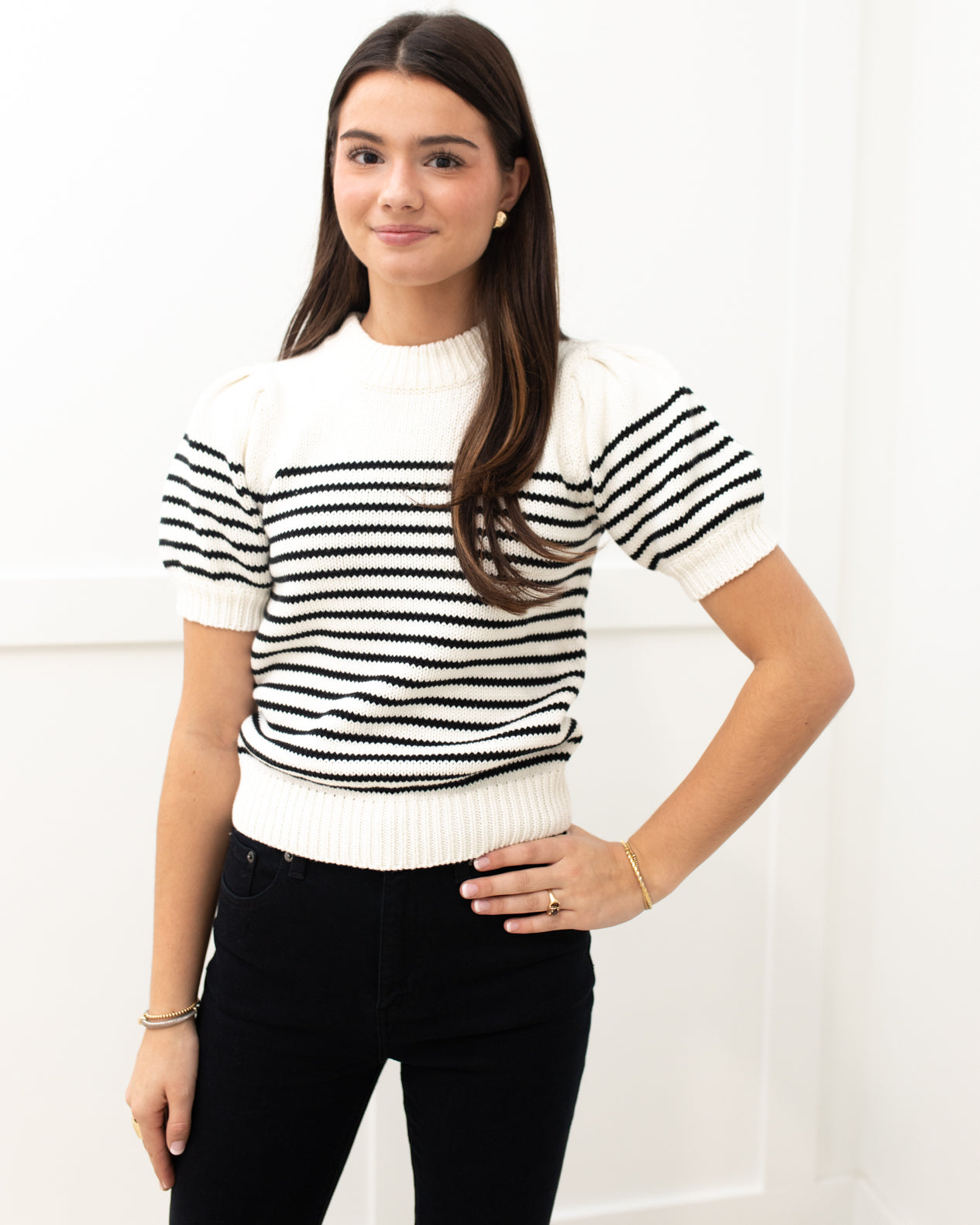 White/Black Stripe Short Puff Sleeve Sweater