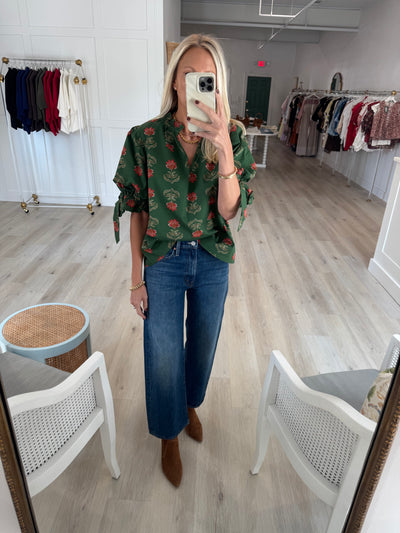 Hunter Green and Poppy Floral Blouse