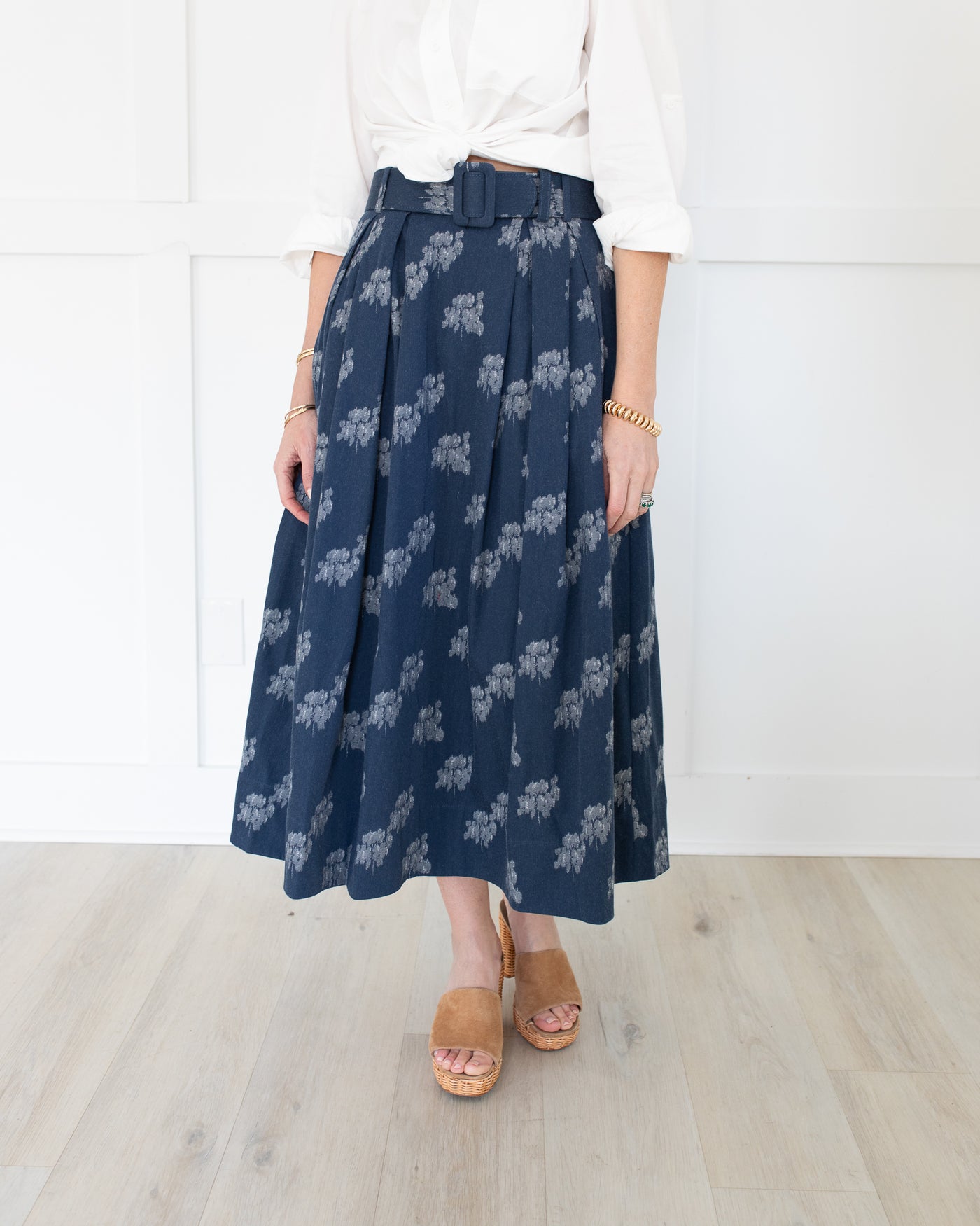 Navy Floral Midi Skirt with Belt