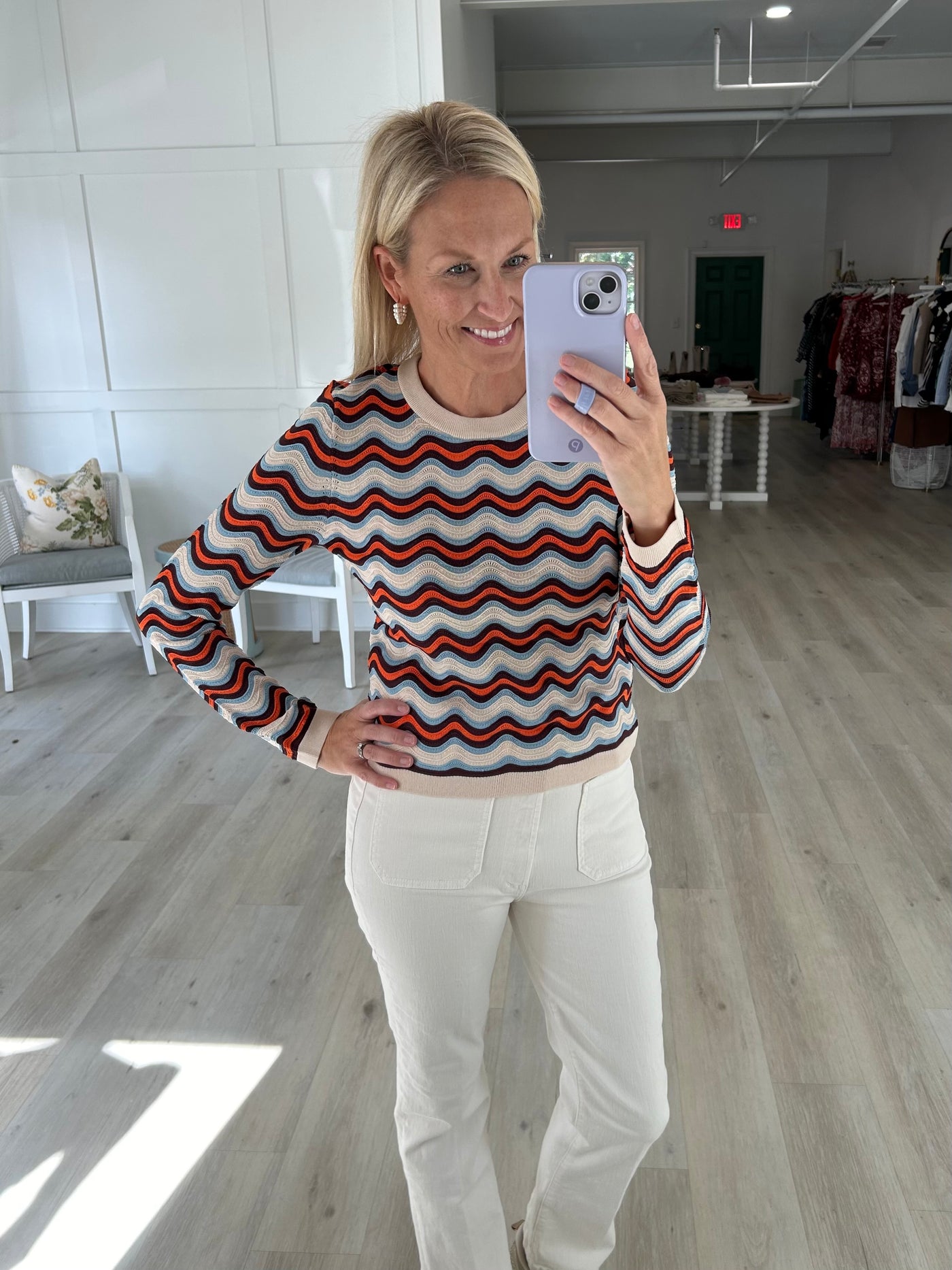 Blue, Orange and Ivory Long Sleeve Top