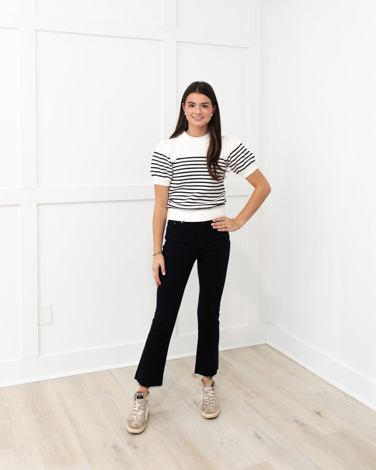 White/Black Stripe Short Puff Sleeve Sweater