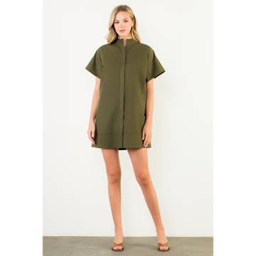 Olive Button Front Mock Neck Dress