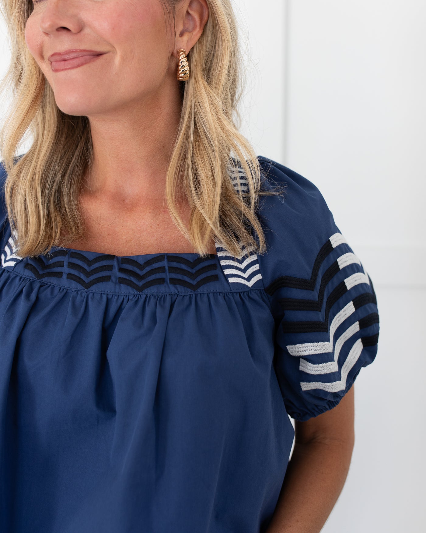 Navy Square Neck Blouse with Embroidered Puff Sleeves