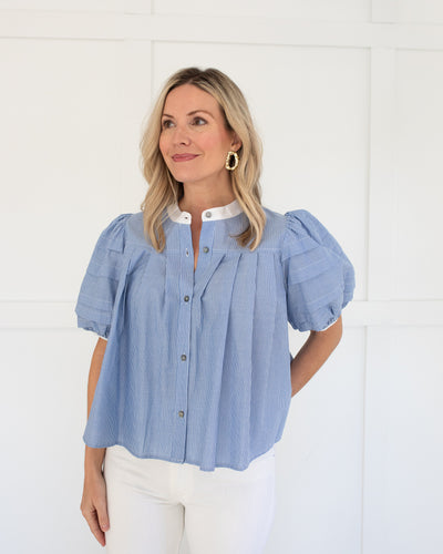 Blue Stripe Blouse with Pleated Puff Sleeves