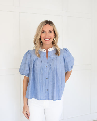 Blue Stripe Blouse with Pleated Puff Sleeves