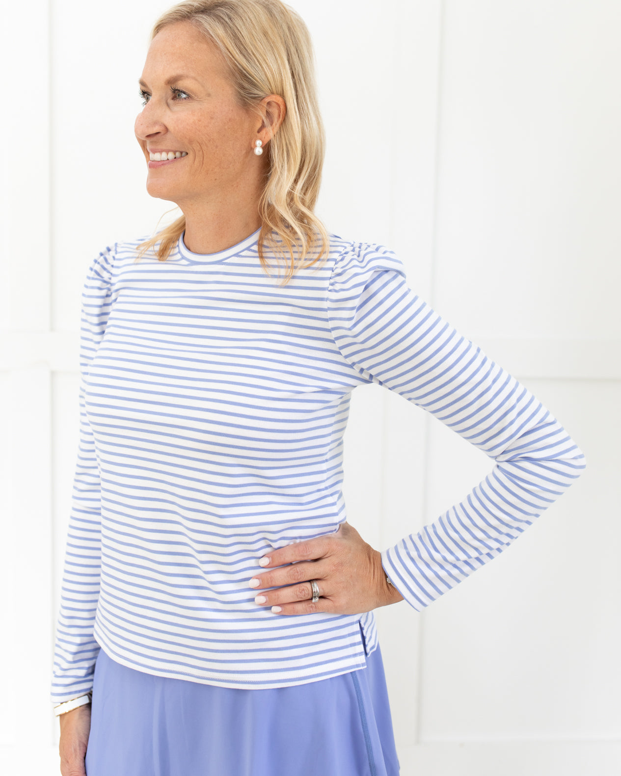 Fairmount Long Sleeve in Super White/Violet Stripe by ADDISON BAY