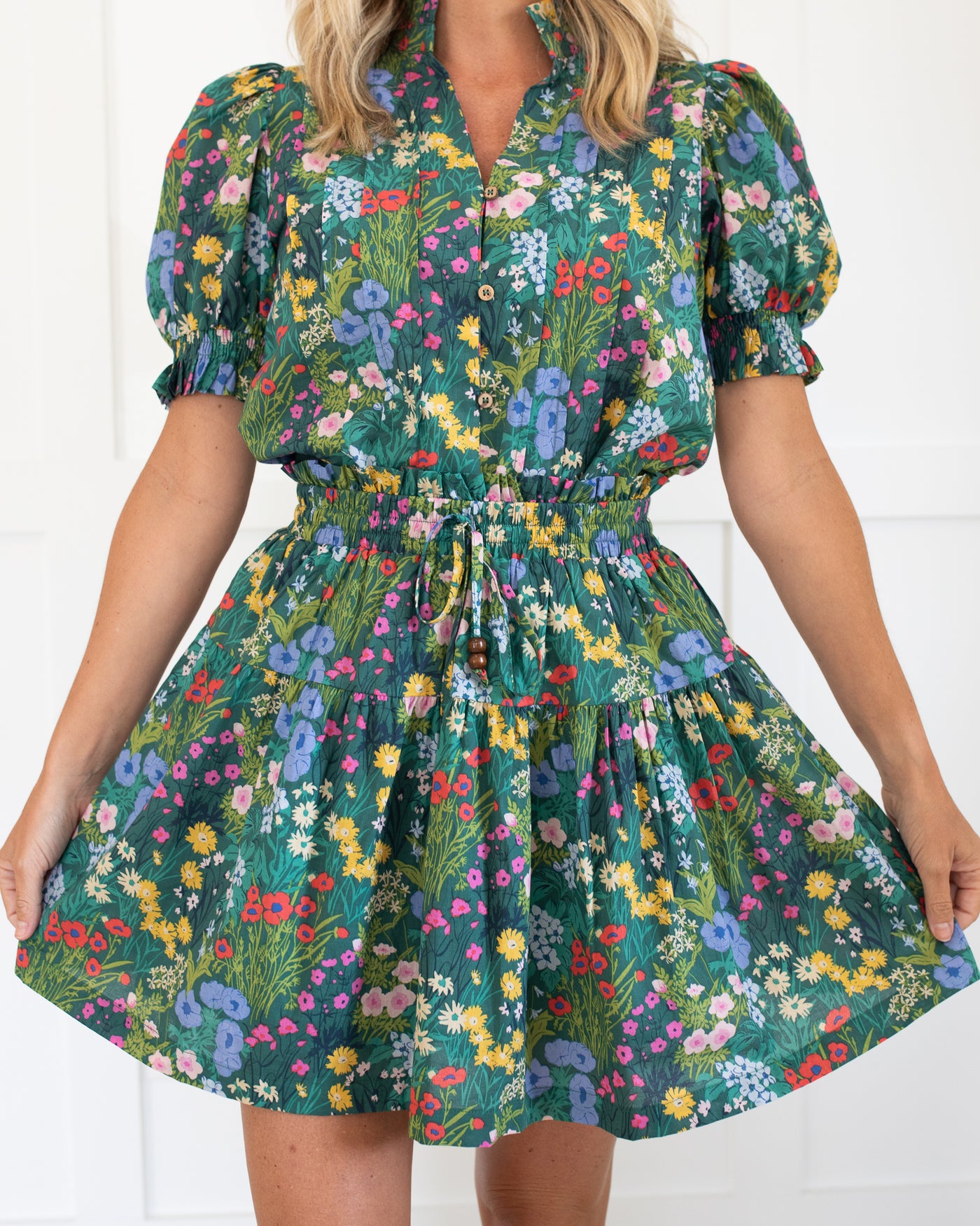 Green Floral Balloon Sleeve Top