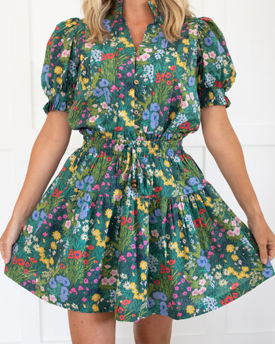Green Floral Balloon Sleeve Top
