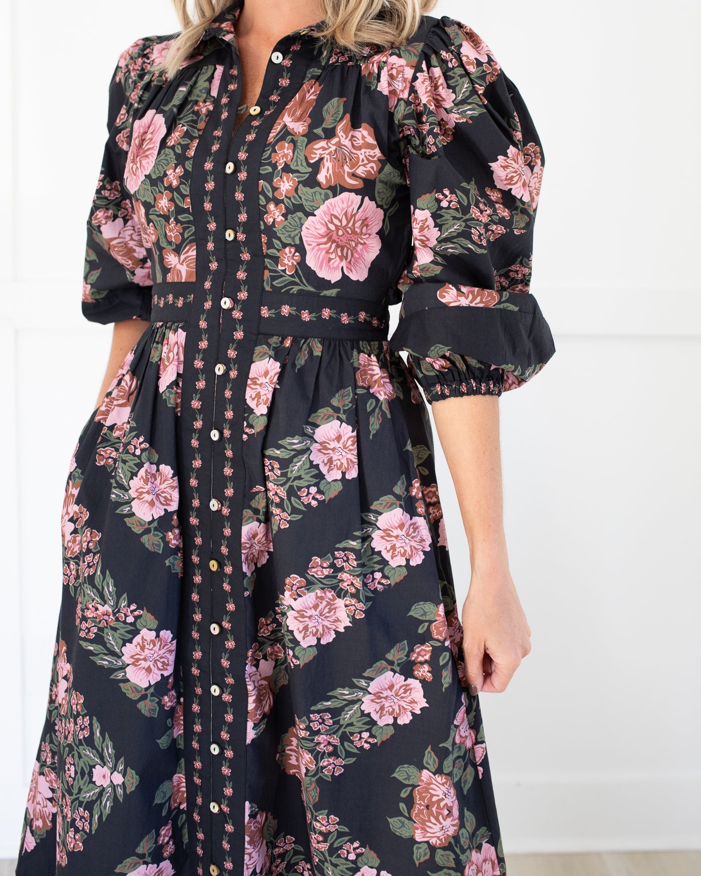 Gillian Midi Dress in Black with Pink Flowers