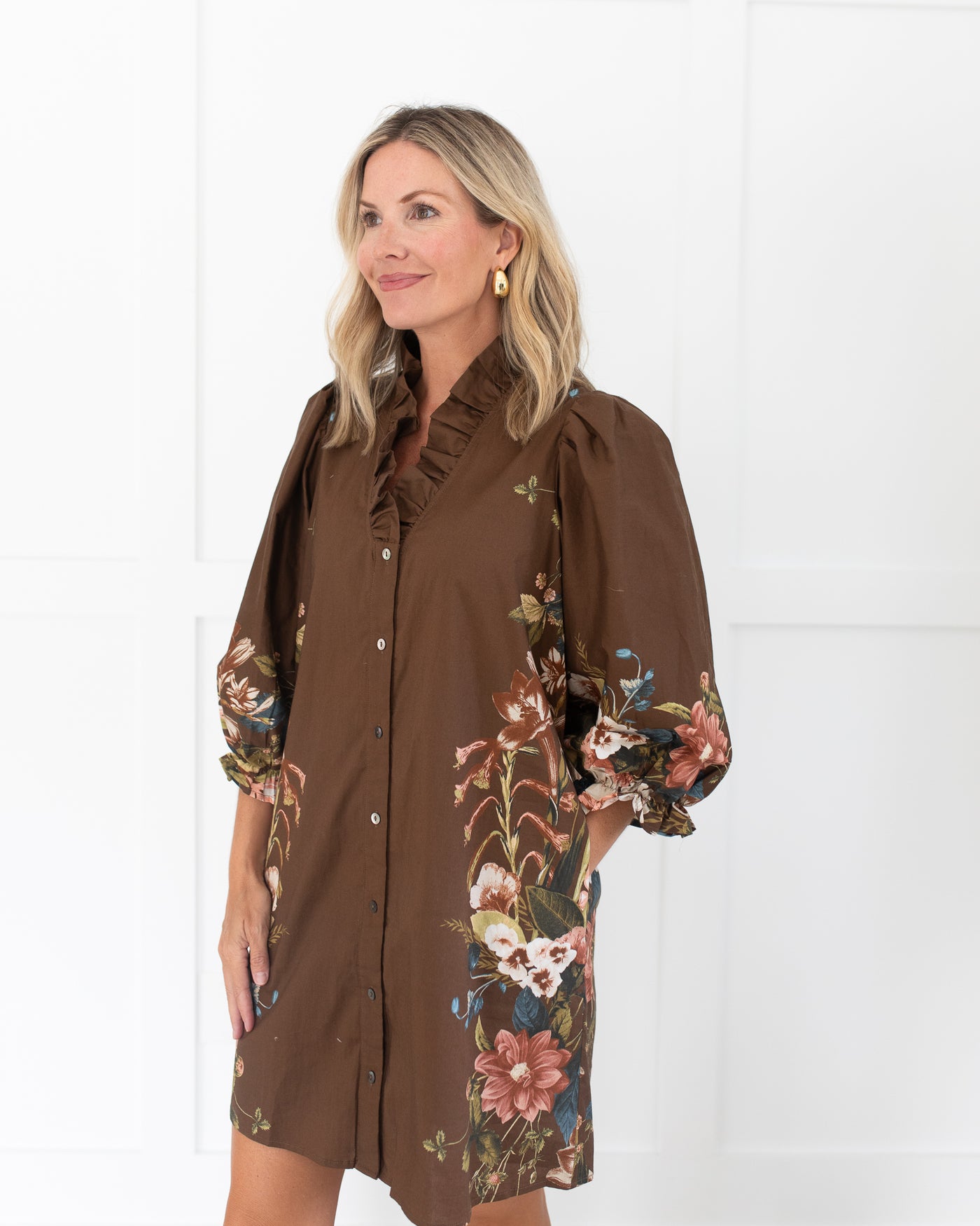 Brown Button Down Long Sleeve Dress with Blush and Blue Florals