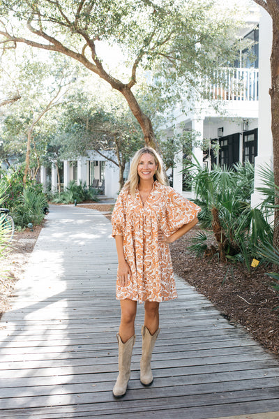 Ella Dress In Orange, White and Latte Floral