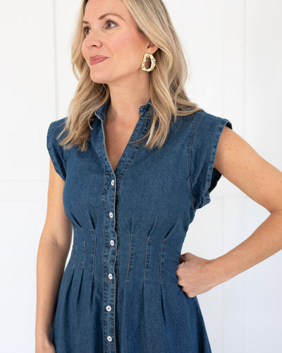 Denim Button Down Midi Dress with Cap Sleeves