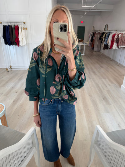 Green and Peach Balloon Sleeve Top