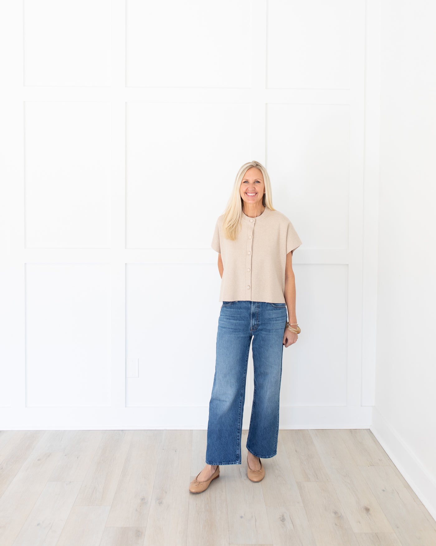 Oatmeal Knit Soft Short Sleeve Sweater w/Buttons