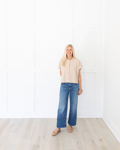 Oatmeal Knit Soft Short Sleeve Sweater w/Buttons