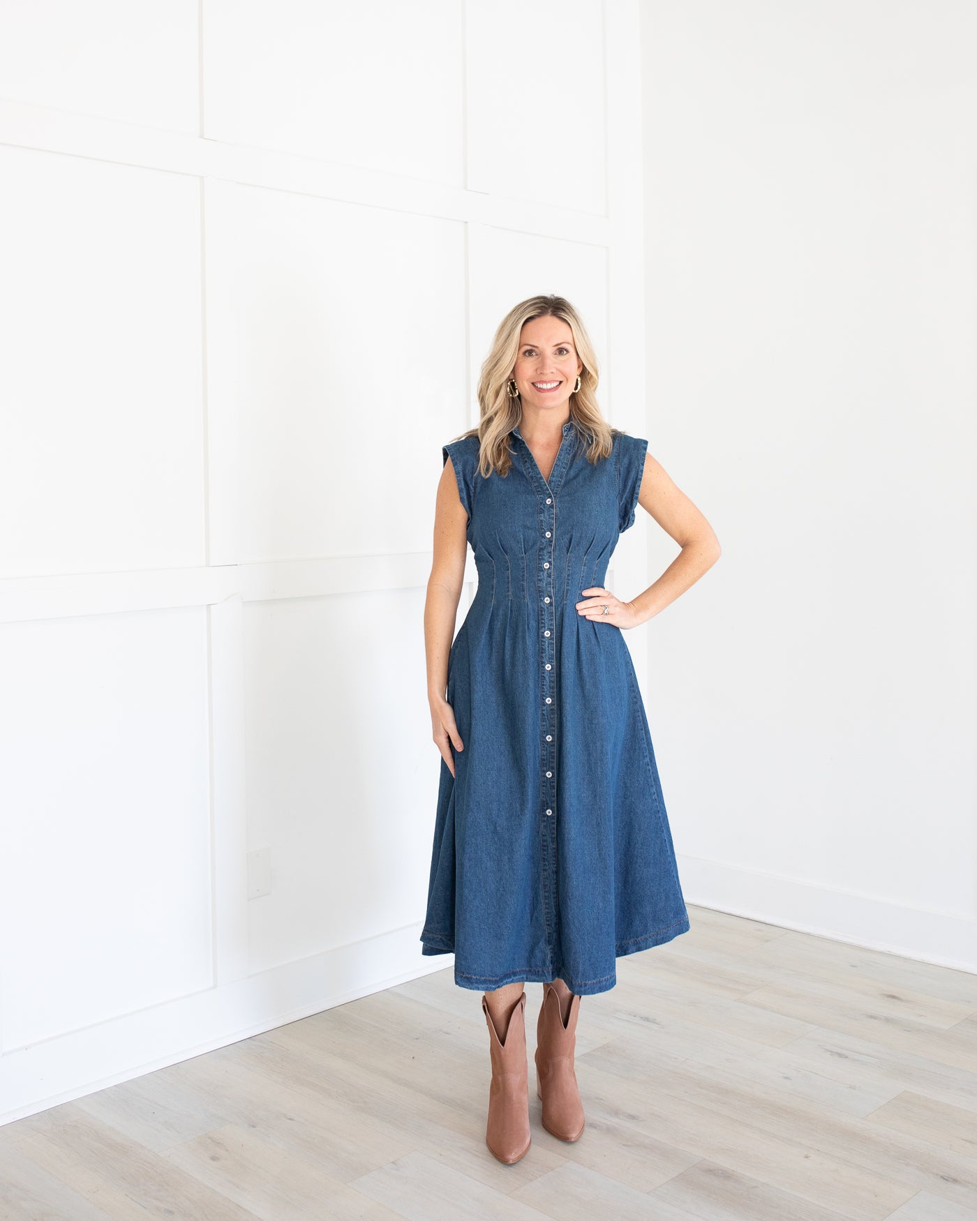 Denim Button Down Midi Dress with Cap Sleeves