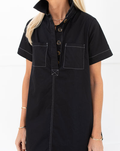 Black Collared Dress With White Stitching