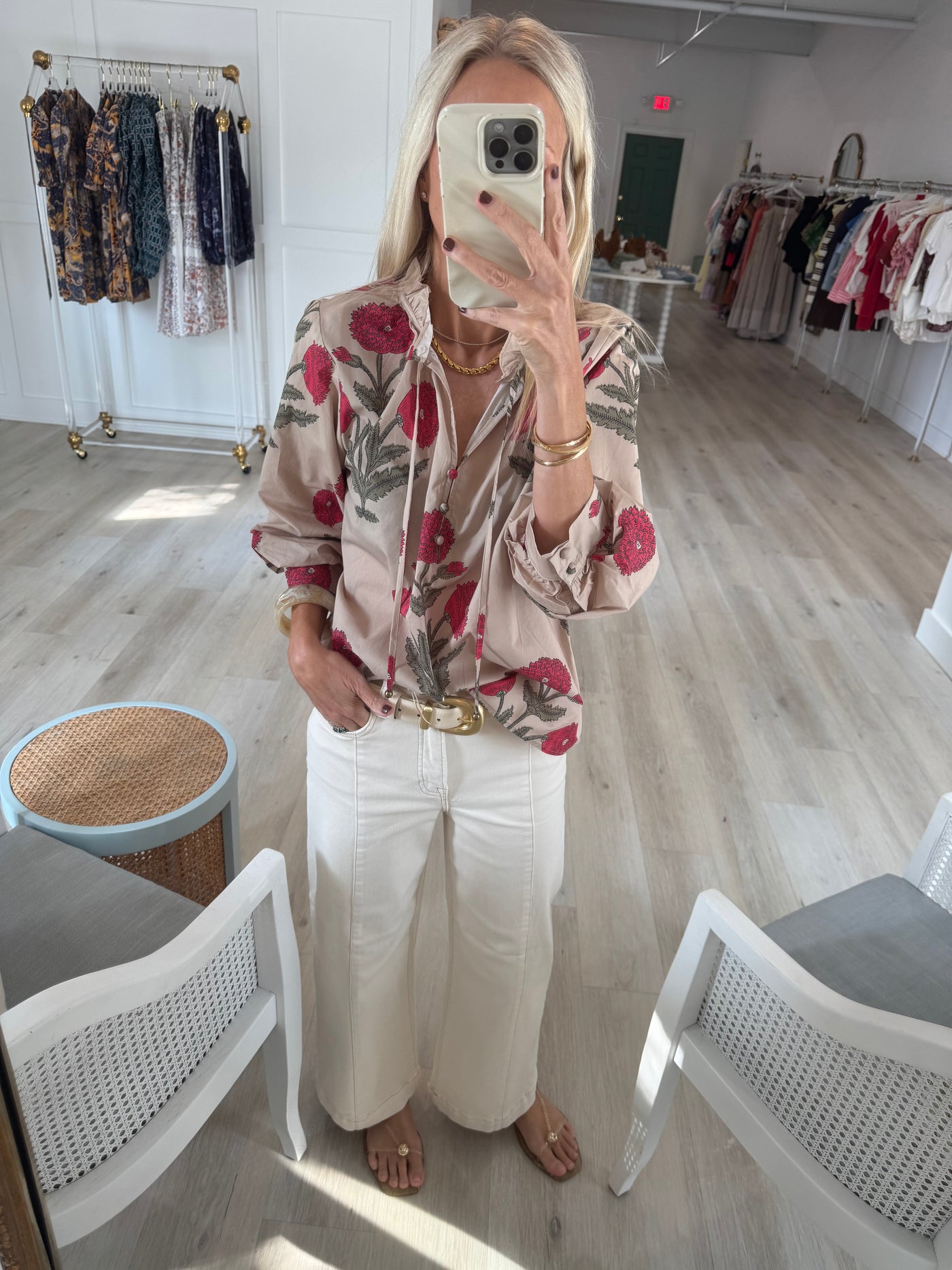 Tan and Poppy Balloon Sleeve Top