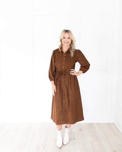 Brown Corduroy Belted Button Down Dress