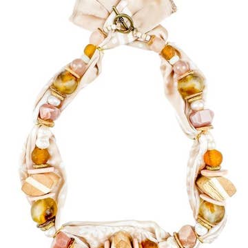 Beaded Silk Bandana Necklace in Light Neutrals
