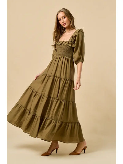 Olive Square Neck Tiered Maxi Dress