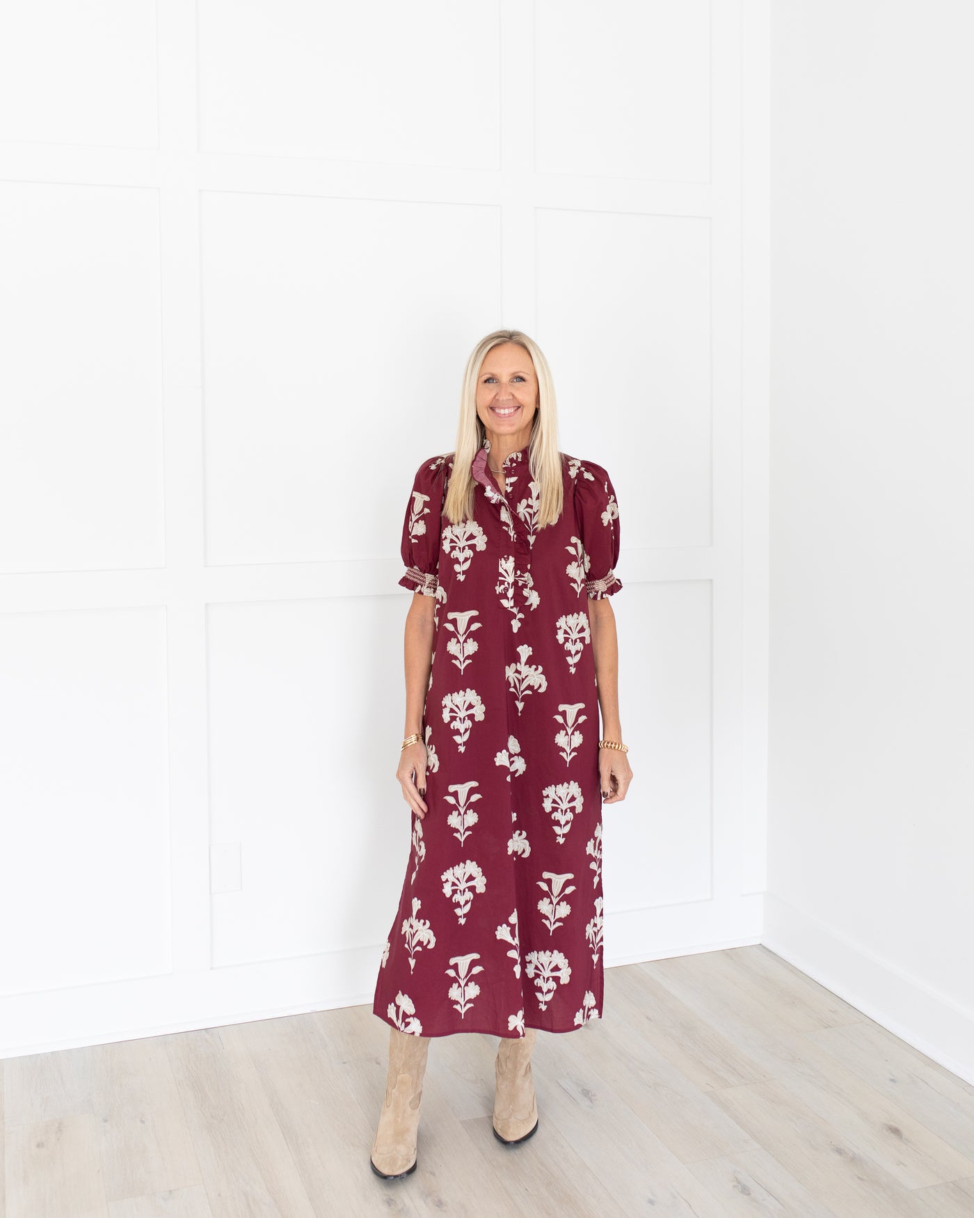 Wine with Taupe Floral Short Sleeve Midi Dress