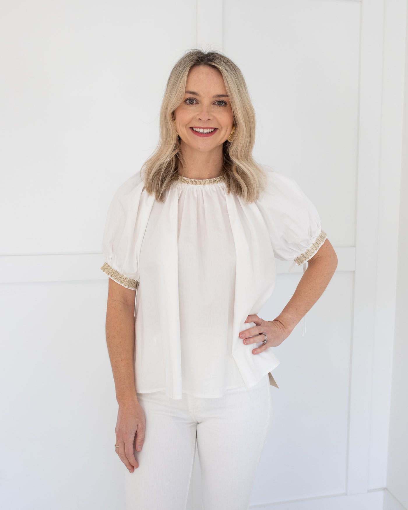 White Puff Sleeve Blouse with Tan Embroidered Trim