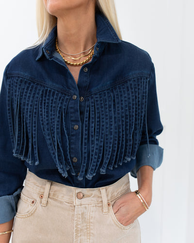 Dark Denim Fringed Button Down Shirt