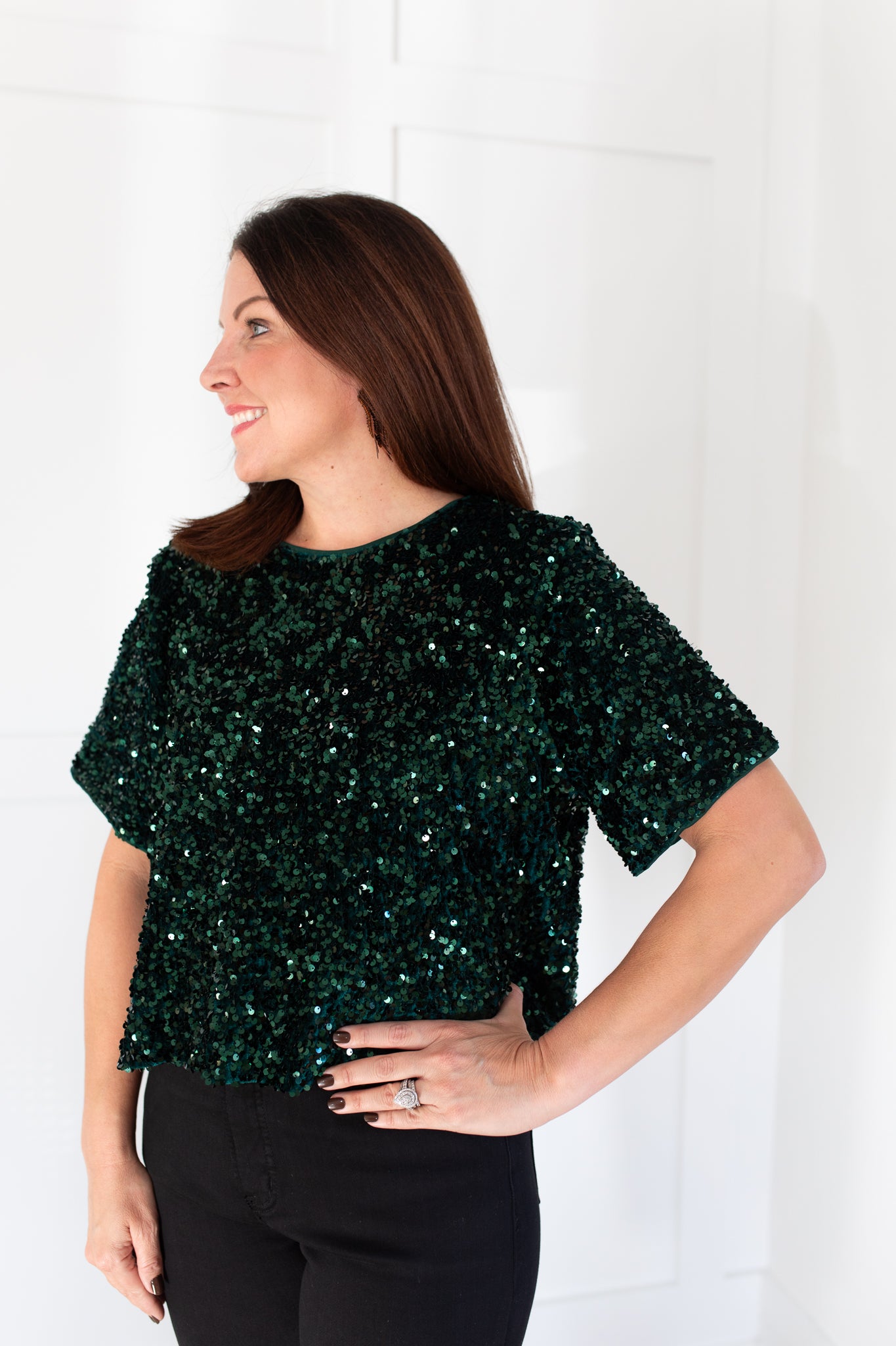 Green Sequin Short Sleeve Top