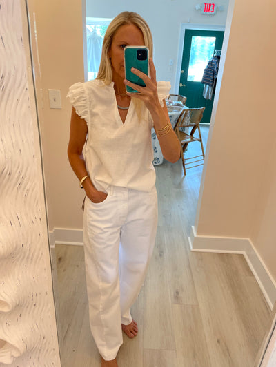 White Linen Eyelet Flutter Sleeve V-Neck Blouse