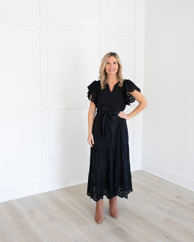 Black Scalloped V Neck Midi Dress with Tie Waist