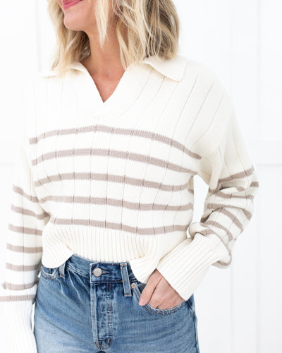 Arlo Polo Sweater in Ecru Taupe Stripe by Pistola