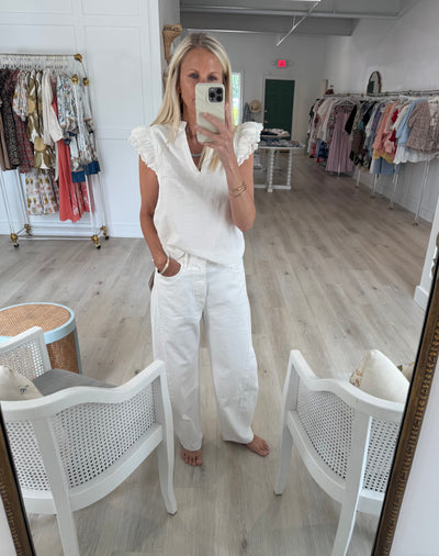 White Linen Eyelet Flutter Sleeve V-Neck Blouse