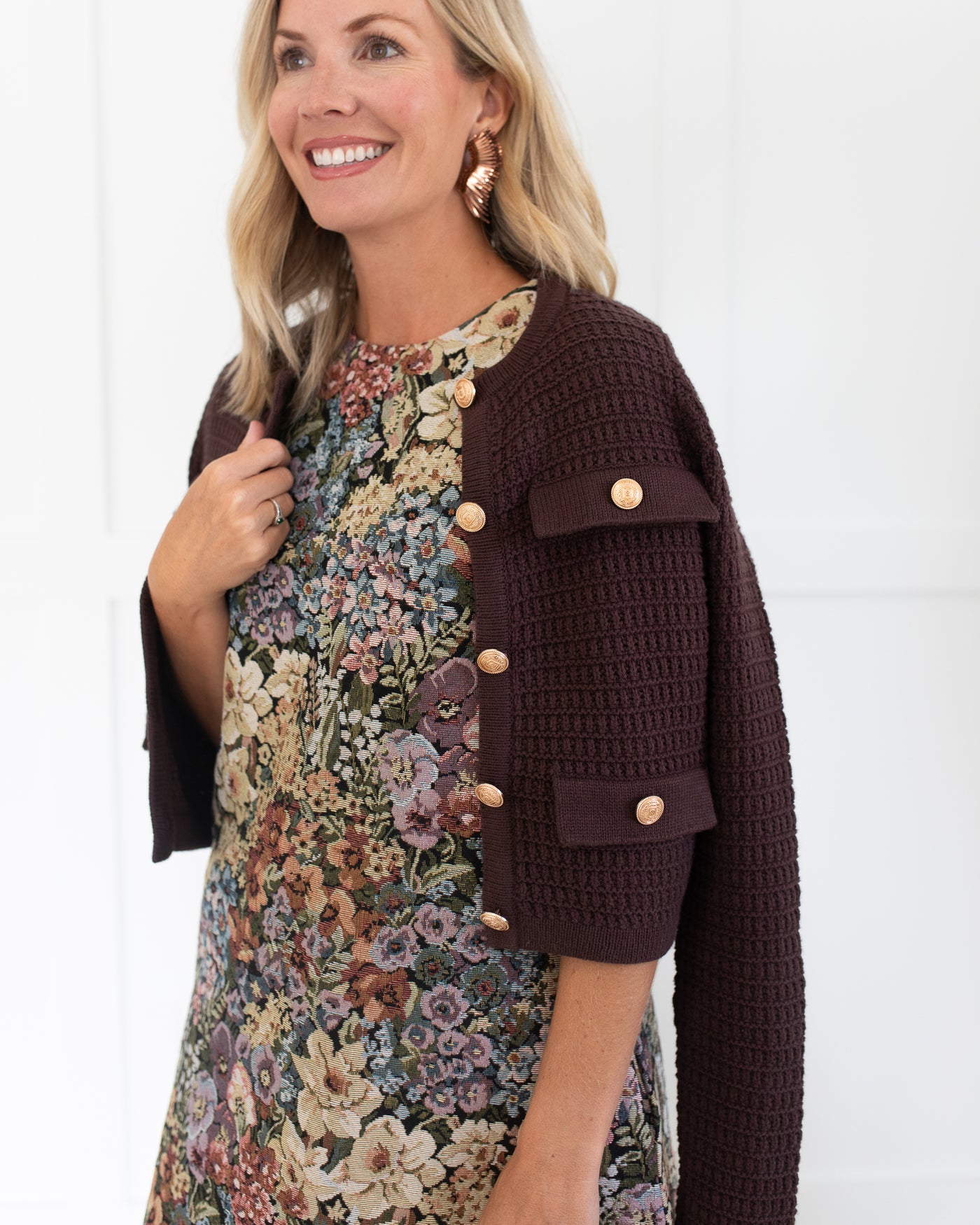 Brown Knit Cardigan with Gold Buttons