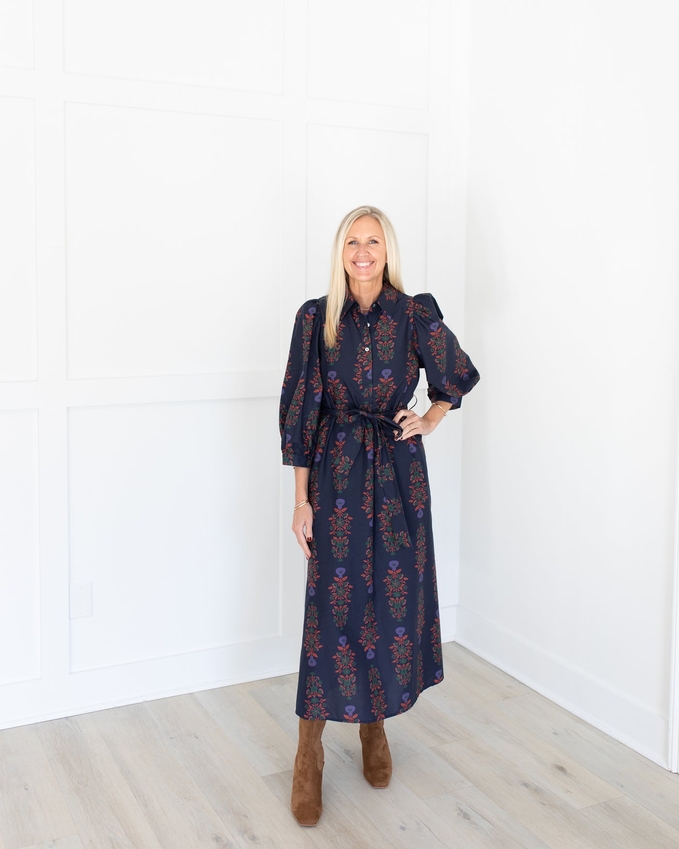 Navy Collared Midi Dress with Green and Rust Florals