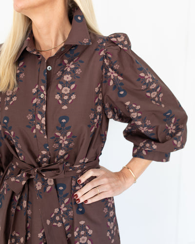 Brown Collared Midi Dress with Navy and Tan Floral