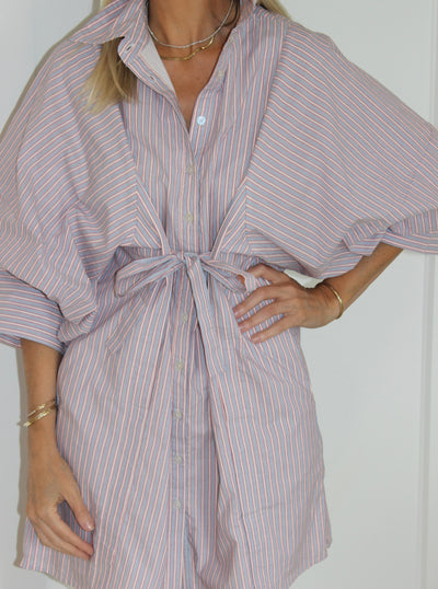 Grace Dress In Blue, White and Salmon Stripe