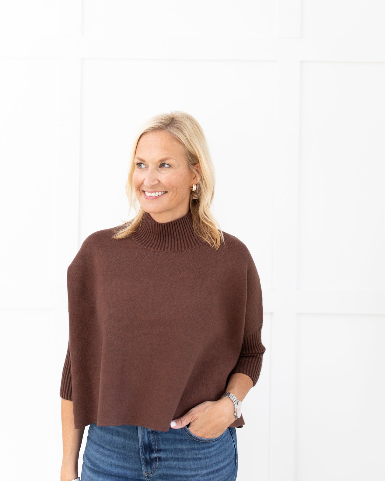 Mock Neck Crop Sweater in Brown One Size