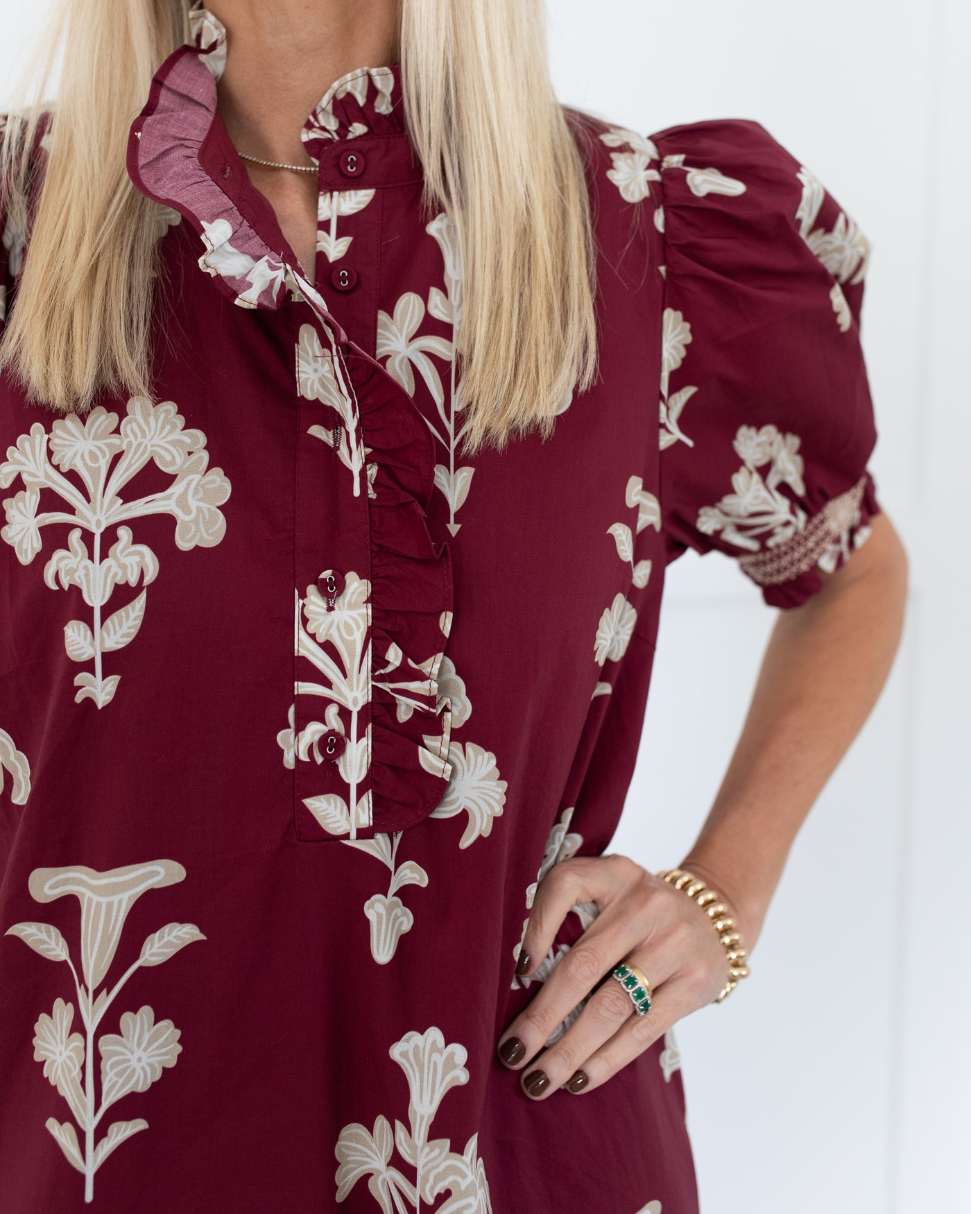 Wine with Taupe Floral Short Sleeve Midi Dress