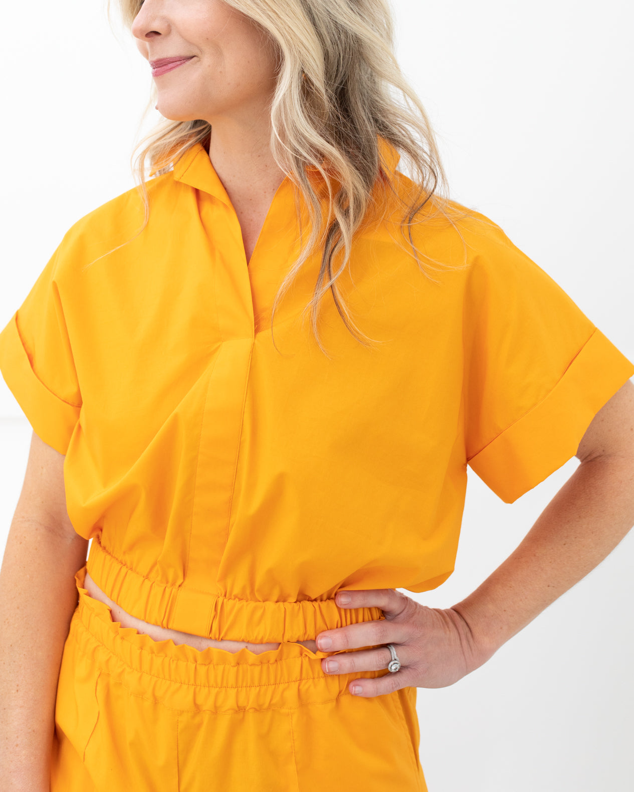 Tangerine Collared Top with Cinched Waist