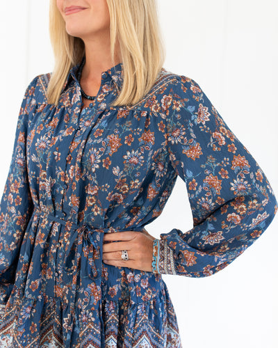 Blue with Brown Florals Tie Waist Button Down Dress