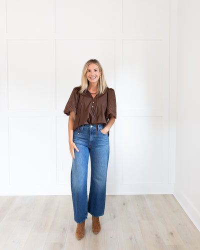 Brown Eyelet Scallop Sleeve Top