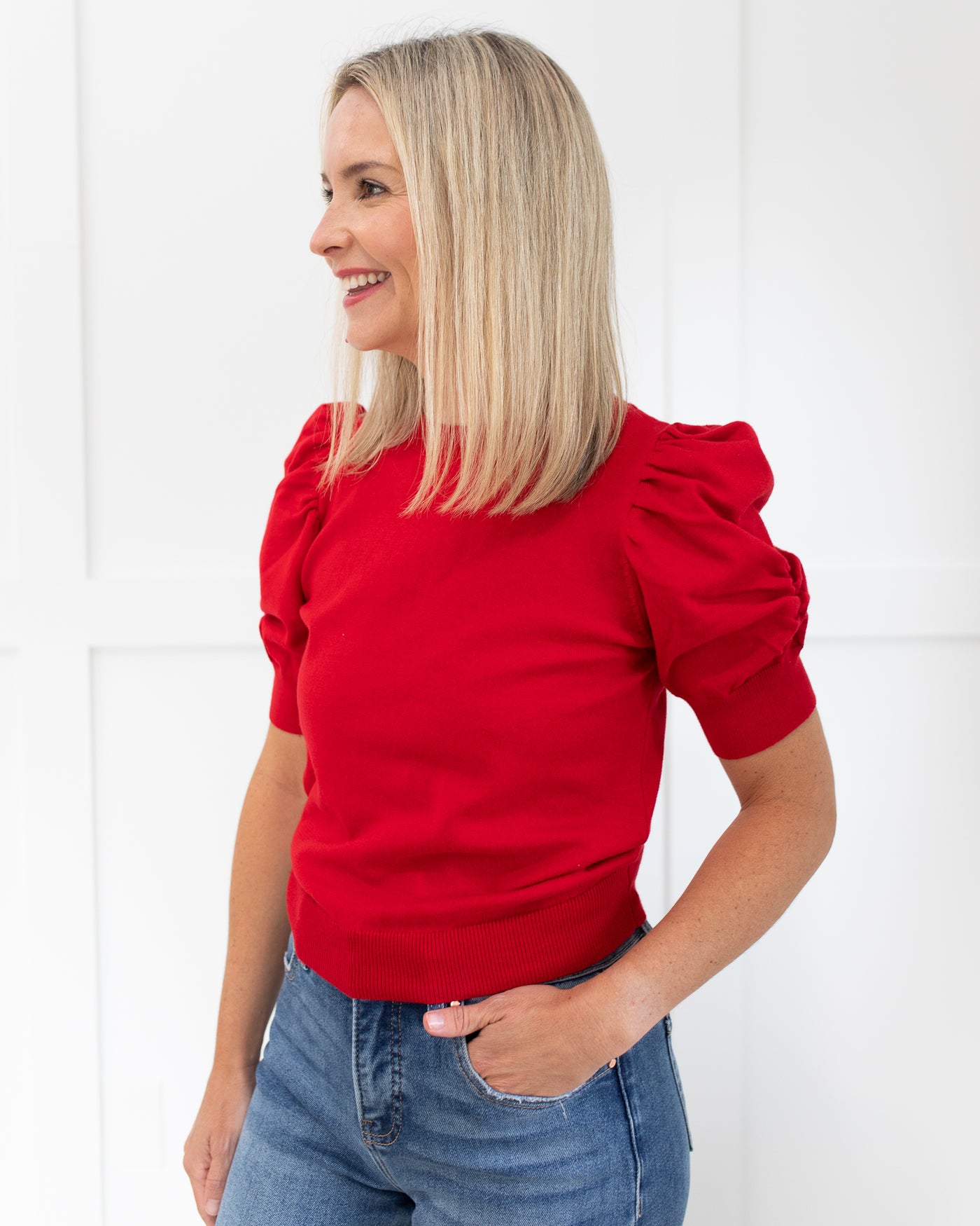 Red Lightweight Sweater with Ruched Sleeves