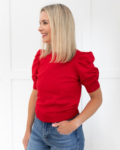Red Lightweight Sweater with Ruched Sleeves