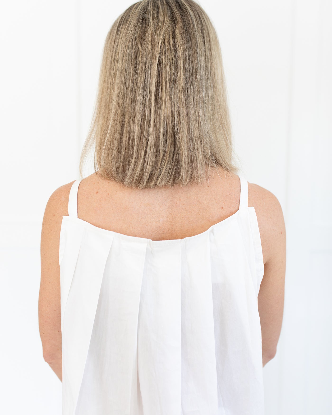 White Square Neck Sleeveless Top with Pleated Back