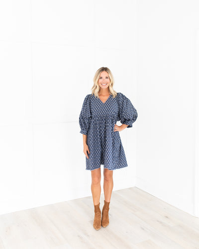 Navy Blue Block Print Medallion Balloon Sleeve Mini Dress