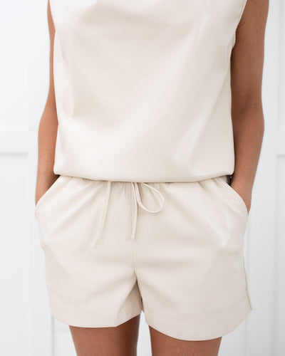 Vegan Leather Drape Neck Sleeveless Top in Cream