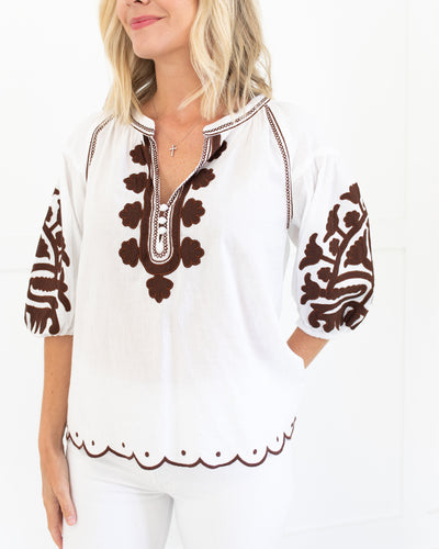 White Poplin Top with Chocolate Applique