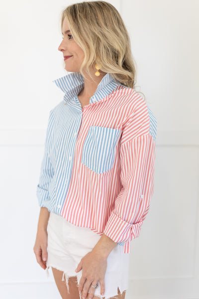 Blue and Coral White Striped Collared Shirt